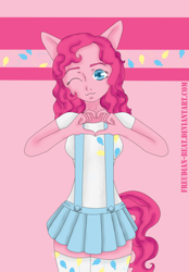 Size: 1450x2084 | Tagged: safe, artist:freudian-beat, pinkie pie, earth pony, anthro, g4, abstract background, clothes, cutie mark, cutie mark on clothes, female, heart hands, one eye closed, skirt, solo, wink