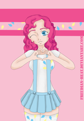 Size: 1450x2084 | Tagged: safe, alternate version, artist:freudian-beat, pinkie pie, human, g4, abstract background, clothes, cutie mark, cutie mark on clothes, female, heart hands, humanized, one eye closed, skirt, solo, wink