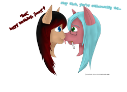 Size: 2320x1676 | Tagged: safe, artist:freudian-beat, oc, oc only, earth pony, pony, bust, cigarette, dialogue, duo, earth pony oc, simple background, transparent background