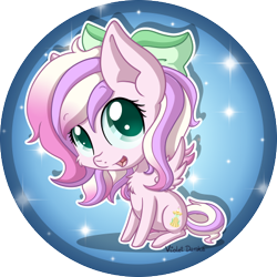 Size: 400x400 | Tagged: safe, artist:happy-go-creative, oc, oc:iridescent flings, earth pony, pony, badge, chibi, commission, cute, pink, your character here