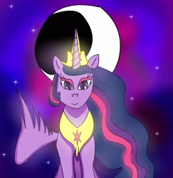 Size: 3376x3472 | Tagged: safe, artist:goldlines005, twilight sparkle, alicorn, pony, g4, the last problem, abstract background, crescent moon, eyelashes, female, high res, horn, jewelry, mare, moon, older, older twilight, older twilight sparkle (alicorn), peytral, princess twilight 2.0, smiling, solo, stars, tiara, twilight sparkle (alicorn), wings