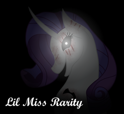 Size: 1784x1640 | Tagged: safe, artist:aonairfaol, rarity, pony, unicorn, lil-miss rarity, g4, black background, black sclera, bust, eye scar, female, glowing horn, horn, mare, scar, simple background, smiling, solo