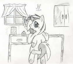 Size: 600x525 | Tagged: safe, artist:srmario, oc, oc only, oc:doctiry, alicorn, firefly (insect), insect, pony, alicorn oc, broken horn, female, glowing horn, grayscale, horn, indoors, looking back, magic, mare, monochrome, quill, solo, telekinesis, traditional art, wings