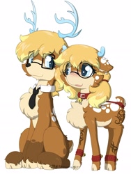 Size: 1826x2433 | Tagged: safe, artist:焰心fireworks, oc, oc:晨辉•焰心, deer, deer pony, hybrid, original species, pony, bell, blushing, cheek fluff, chest fluff, collar, glasses, looking at each other, self ponidox, shipping