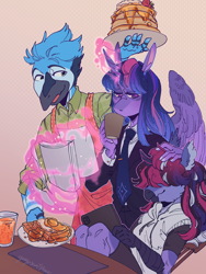 Size: 1500x2000 | Tagged: safe, artist:yuyusunshine, twilight sparkle, oc, oc:shammy, hippogriff, hybrid, anthro, g4, clothes, crossover shipping, female, food, interspecies offspring, magic, male, mordecai, mordetwi, necktie, offspring, pancakes, parent:mordecai, parent:twilight sparkle, parents:mordetwi, regular show, shipping, straight, suit