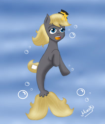 Size: 2260x2653 | Tagged: safe, artist:mizuki12341, oc, oc only, earth pony, pony, seapony (g4), blue eyes, bubble, digital art, fish tail, flowing mane, flowing tail, hat, high res, ocean, open mouth, open smile, seaponified, signature, smiling, solo, species swap, swimming, tail, teeth, underwater, water, yellow mane