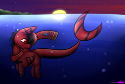 Size: 1500x1000 | Tagged: safe, artist:ashee, oc, oc only, oc:red pone, hybrid, merpony, original species, shark, shark pony, bubble, clothes, crepuscular rays, fish tail, flowing tail, ocean, red and black oc, red eyes, scarf, sky, smiling, solo, stars, sun, sunlight, sunset, swimming, tail, underwater, water
