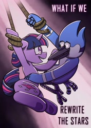 Size: 2893x4092 | Tagged: safe, artist:timsplosion, twilight sparkle, bird, blue jay, pony, unicorn, g4, crossover, crossover shipping, female, hanging, male, mordecai, mordetwi, regular show, rewrite the stars, rope, shipping, smiling, straight, the greatest showman, trapeze, unicorn twilight