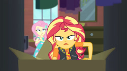 Size: 3410x1920 | Tagged: safe, screencap, fluttershy, sunset shimmer, costume conundrum, costume conundrum: sunset shimmer, equestria girls, g4, my little pony equestria girls: better together, clothes, cutie mark, cutie mark on clothes, female, geode of empathy, geode of fauna, hairpin, jacket, jewelry, leather, leather jacket, lidded eyes, magical geodes, necklace, open mouth