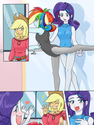 Size: 1668x2224 | Tagged: safe, artist:batipin, applejack, rainbow dash, rarity, equestria girls, g4, ballet, blushing, breasts, busty rarity, clothes, comic, emanata, eyes closed, female, floating heart, grin, heart, leotard, open mouth, rainbowrina, raririna, smiling, sweat, sweatdrop, tomboy taming, working