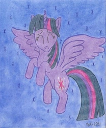 Size: 1220x1467 | Tagged: safe, artist:pianoflagerag, twilight sparkle, alicorn, pony, g4, eyes closed, flying, happy, solo, traditional art, twilight sparkle (alicorn)