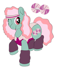 Size: 1265x1536 | Tagged: safe, artist:colorcodetheartist, derpibooru exclusive, minty, g3, clothes, cutie mark, generation leap, headband, leg warmers, one eye closed, perm, redesign, simple background, standing, standing on one leg, tongue out, transparent background, wink