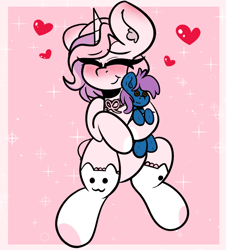 Size: 978x1080 | Tagged: safe, artist:theawkwarddork, oc, oc only, oc:saku, oc:sakukitty, alicorn, pony, alicorn oc, clothes, cute, ear fluff, eyebrows, eyebrows visible through hair, eyes closed, female, freckles, heart, horn, mare, ocbetes, plushie, ribbon, simple background, smiling, socks, solo, thigh highs, wings