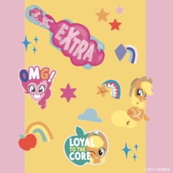Size: 1080x1080 | Tagged: safe, artist:mylittleponyjpn, part of a set, applejack, pinkie pie, earth pony, pony, g4, official, apple, food, head only, rainbow, simple background, sitting, stars
