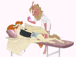 Size: 1920x1440 | Tagged: safe, artist:dementra369, oc, oc only, oc:needlecure, oc:ray muller, kirin, pegasus, anthro, unguligrade anthro, acupuncture, acupuncture table, clothes, duo, fear, female, jewelry, kirin oc, necklace, nurse outfit, ponytail, scared, shorts, smiling, spread wings, tank top, wings