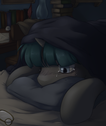 Size: 3477x4161 | Tagged: safe, artist:aquoquoo, stygian, pony, unicorn, g4, bed, book, chair, crying, lantern, male, pillow, quill, solo, stallion