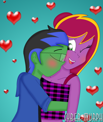 Size: 1536x1816 | Tagged: safe, artist:cyber-murph, oc, oc:diamond-chi, oc:thunderspeak, equestria girls, g4, anniversary, blushing, commission, female, glasses, heart, male, neck kiss, oc x oc, shipping, signature, straight, thunderchi