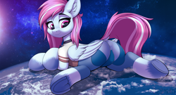 Size: 5840x3160 | Tagged: safe, artist:redmn, oc, oc only, oc:evening skies, pegasus, pony, absurd resolution, butt, choker, clothes, collar, dock, featureless crotch, female, giantess, leggings, looking back, macro, mare, plot, pony bigger than a planet, tail, underhoof