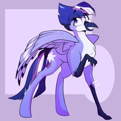 Size: 1024x1024 | Tagged: safe, artist:crookedbeetles, oc, oc only, oc:shooting star, hippogriff, hybrid, chest fluff, crossover ship offspring, female, interspecies offspring, offspring, parent:mordecai, parent:twilight sparkle, parents:mordetwi, smiling, solo, spread wings, wings