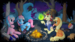 Size: 1920x1080 | Tagged: safe, artist:obcor, aloe, applejack, babs seed, flam, lotus blossom, earth pony, pony, unicorn, g4, aloeflam, campfire, female, magic, male, shipping, sleeping bag, spa twins, straight