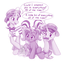 Size: 1280x1216 | Tagged: safe, artist:dstears, flam, flim, luster dawn, pony, unicorn, g4, the last problem, bo burnham, cute, dialogue, digital art, female, flim flam brothers, iphone, levitation, lusterbetes, magic, male, mare, monochrome, open mouth, open smile, smiling, song reference, stallion, starry eyes, telekinesis, welcome to the internet, wingding eyes