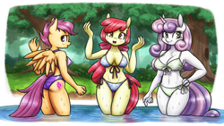 Size: 2560x1440 | Tagged: safe, artist:king-kakapo, apple bloom, scootaloo, sweetie belle, earth pony, pegasus, unicorn, anthro, g4, absolute cleavage, adorabloom, adorasexy, applebucking thighs, ass, belly button, bikini, bikini babe, blushing, breasts, busty apple bloom, busty scootaloo, busty sweetie belle, butt, chest fluff, cleavage, clothes, curvy, cute, cutealoo, cutie mark crusaders, diasweetes, female, hand on hip, hourglass figure, legs in the water, legs together, looking at you, midriff, older, older apple bloom, older cmc, older scootaloo, older sweetie belle, one-piece swimsuit, open mouth, open-back swimsuit, raised arms, redesigned cmc cutie marks, scootabutt, sexy, side-tie bikini, standing in water, stupid sexy apple bloom, stupid sexy scootaloo, stupid sexy sweetie belle, swimsuit, thigh gap, thighs, thunder thighs, tree, trio, underass, water, wet