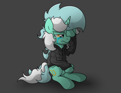 Size: 4236x3260 | Tagged: safe, artist:background basset, lyra heartstrings, pony, unicorn, fanfic:background pony, g4, clothes, crying, depressed, dig the swell hoodie, gray background, hoodie, hoof over eye, sad, simple background, sitting, solo