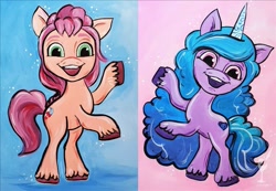 Size: 867x600 | Tagged: safe, artist:painting with a twist, izzy moonbow, sunny starscout, earth pony, pony, unicorn, g5, official, bipedal, blue background, duo, duo female, female, mare, painting, pink background, simple background, standing on two hooves, traditional art, watermark