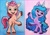 Size: 867x600 | Tagged: safe, artist:painting with a twist, izzy moonbow, sunny starscout, earth pony, pony, unicorn, g5, official, bipedal, blue background, duo, duo female, female, mare, painting, pink background, rearing, simple background, traditional art, watermark