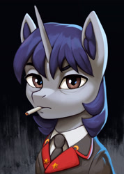 Size: 2652x3732 | Tagged: safe, artist:mrscroup, oc, oc only, oc:starry night, oc:starry night (eaw), pony, unicorn, equestria at war mod, bust, cigarette, clothes, high res, looking at you, military uniform, portrait, serious, solo, uniform
