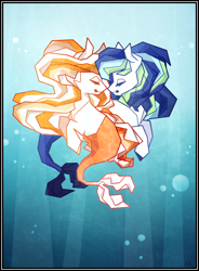 Size: 592x804 | Tagged: safe, artist:captivelegacy, oc, oc only, hybrid, merpony, seapony (g4), bubble, crepuscular, crepuscular rays, eyelashes, fish tail, flowing mane, flowing tail, looking at each other, mermaid tail, ocean, smiling, sunlight, tail, underwater, water