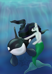 Size: 1900x2700 | Tagged: safe, artist:sweet-blasphemy-mlp, oc, oc only, merpony, orca, black mane, crepuscular rays, deviantart watermark, dorsal fin, fish tail, flowing mane, flowing tail, green eyes, logo, obtrusive watermark, ocean, smiling, solo, sunlight, swimming, tail, underwater, water, watermark