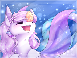 Size: 2811x2134 | Tagged: safe, artist:creativecocoacookie, oc, oc only, hybrid, merpony, seapony (g4), bubble, crepuscular rays, egg, eyes closed, female, fin wings, fish tail, flower, flower in hair, flowing mane, flowing tail, high res, ocean, open mouth, open smile, pink mane, smiling, solo, speedpaint, sunlight, swimming, tail, underwater, water, wings
