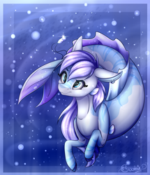 Size: 2270x2642 | Tagged: safe, artist:creativecocoacookie, oc, oc only, hybrid, merpony, seapony (g4), blue background, blue eyes, bubble, dorsal fin, eyelashes, fins, fish tail, flowing tail, gem, high res, jewelry, necklace, ocean, purple mane, signature, simple background, solo, speedpaint, swimming, tail, underwater, water