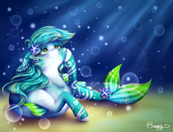 Size: 2811x2134 | Tagged: safe, artist:creativecocoacookie, oc, oc only, hybrid, merpony, seapony (g4), starfish, blue mane, bubble, crepuscular rays, dorsal fin, fins, fish tail, flowing mane, flowing tail, green eyes, high res, lidded eyes, looking up, lying down, ocean, sand, signature, smiling, solo, speedpaint, sunlight, tail, underwater, water