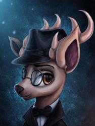 Size: 3072x4096 | Tagged: safe, artist:ryanmandraws, oc, oc only, deer, bowtie, bust, clothes, deer oc, digital painting, fedora, glasses, hat, looking at you, painting, portrait, smiling, solo, suit
