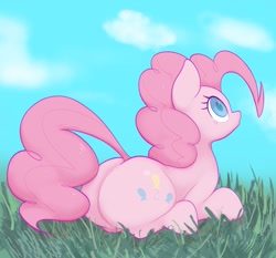 Size: 2623x2443 | Tagged: safe, artist:noupu, pinkie pie, earth pony, pony, g4, balloonbutt, butt, cloud, cute, female, grass, high res, looking up, lying, lying down, mare, plot, prone, sky, solo, tail, tail aside
