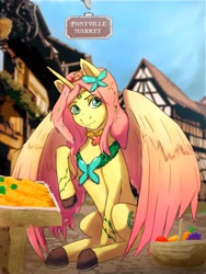 Size: 2400x3200 | Tagged: safe, artist:kovalev, oc, oc:princess fluttershy, alicorn, pony, au:friendship is kindness, alicorn oc, alicornified, alternate cutie mark, alternate design, alternate hairstyle, alternate universe, carrot, commission, element of kindness, food, herbivore, high res, horn, implied carrot top, jewelry, market, ponyville market, race swap, story included, tiara, two toned wings, vegetables, wings, ych result