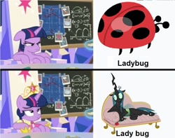 Size: 872x688 | Tagged: safe, artist:andy price, artist:masem, edit, edited screencap, editor:fluttershyisnot adoormat, screencap, queen chrysalis, twilight sparkle, alicorn, changeling, changeling queen, insect, ladybug, pony, g4, season 9, sparkle's seven, belly, big crown thingy, chalkboard, clothes, coronation dress, crown, dress, element of magic, female, flower, horsn't, implied twisalis, jewelry, meme, pun, regalia, rose, twilight sparkle (alicorn), winnie the pooh