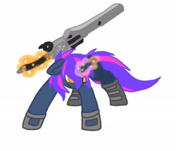 Size: 2063x1773 | Tagged: safe, artist:zeroraid, oc, oc only, oc:dusksworn catalyst, pony, unicorn, clothes, gunblade, horn, magic, magic aura, solo, two toned eyes, two toned mane, two toned tail, unicorn oc