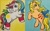 Size: 962x600 | Tagged: safe, artist:painting with a twist, applejack (g1), starshine, earth pony, pegasus, pony, g1, official, bipedal, duo, female, mare, painting, ribbon, simple background, teal background, traditional art, watermark