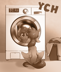 Size: 860x1021 | Tagged: safe, artist:28gooddays, pegasus, pony, floppy ears, monochrome, reflection, solo, washing machine, ych example, ych sketch, your character here