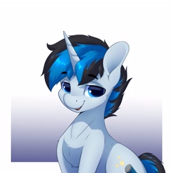 Size: 3200x3200 | Tagged: safe, artist:aquaticvibes, oc, oc only, oc:solar gizmo, pony, unicorn, commission, cute, eyebrows, eyebrows visible through hair, high res, horn, male, ocbetes, open mouth, smiling, solo, stallion, tail, two toned mane, two toned tail, unicorn oc