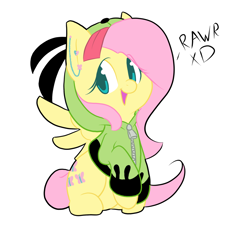 Size: 1280x1280 | Tagged: safe, artist:scribbleymewzaque, fluttershy, pegasus, pony, antonymph, cutiemarks (and the things that bind us), g4, clothes, colored pupils, cute, ear piercing, fluttgirshy, gir, hoodie, invader zim, piercing, rawr, shy, shyabetes, simple background, solo, vylet pony, white background, xd, zipper