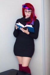 Size: 640x960 | Tagged: safe, artist:maddymoiselle, moondancer, human, g4, book, clothes, cosplay, costume, irl, irl human, photo, socks