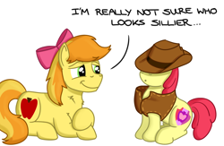 Size: 1080x704 | Tagged: safe, artist:hoofclid, apple bloom, braeburn, earth pony, pony, g4, :o, accessory swap, adorabloom, apple bloom's bow, bow, braeburn's hat, clothes, clothes swap, cousins, cute, female, filly, hair bow, hat, lying down, male, open mouth, prone, smiling, stallion, vest