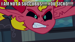 Size: 1066x600 | Tagged: safe, edit, edited screencap, editor:twi clown, screencap, sunset shimmer, demon, equestria girls, g4, my little pony equestria girls, angry, caption, fangs, female, image macro, solo, sunset satan, text
