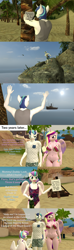 Size: 1920x6480 | Tagged: safe, artist:papadragon69, princess cadance, princess flurry heart, shining armor, alicorn, unicorn, anthro, g4, 3d, belly button, bikini, bikini bottom, bikini top, boat, breasts, busty princess cadance, clothes, comic, dialogue, father and child, father and daughter, female, filly, five o'clock shadow, husband and wife, island, lidded eyes, looking at each other, looking down, male, mare, message in a bottle, mother and child, mother and daughter, old master q, older, older flurry heart, one-piece swimsuit, parody, reading, rescue, shirt, source filmmaker, stallion, stranded, surprised, swimsuit, waving arms, wide eyes