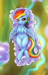 Size: 826x1280 | Tagged: safe, artist:notsafe2safeponies, artist:shydale edits, edit, rainbow dash, pegasus, pony, g4, atryl-ish, bedroom eyes, cloud, crossed legs, female, hips, looking at you, lying down, nudity, on a cloud, on back, raised eyebrow, river, sfw edit, smiling, smirk, solo, spread wings, style emulation, vertigo, wide hips, wings
