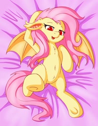 Size: 996x1280 | Tagged: dead source, safe, artist:fearingfun, artist:notsafe2safeponies, edit, fluttershy, bat pony, pony, g4, bat ponified, bed, bedroom eyes, belly button, cute, female, floppy ears, flutterbat, mare, open mouth, race swap, sfw edit, solo, underhoof